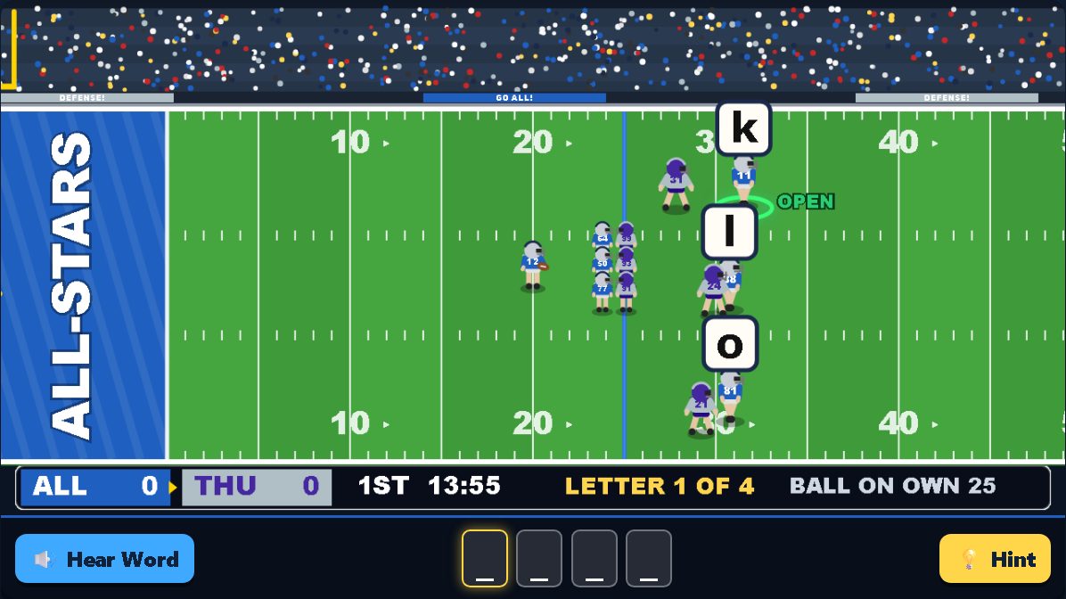 The football game: receivers carry letters, and the kid throws to the one with the next letter of the word.